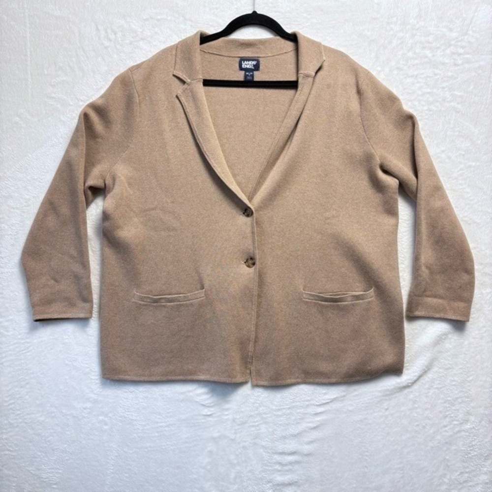 Lands End Womens Tan Cardigan Sweater Blazer Knit Button Front Pockets XL Petite